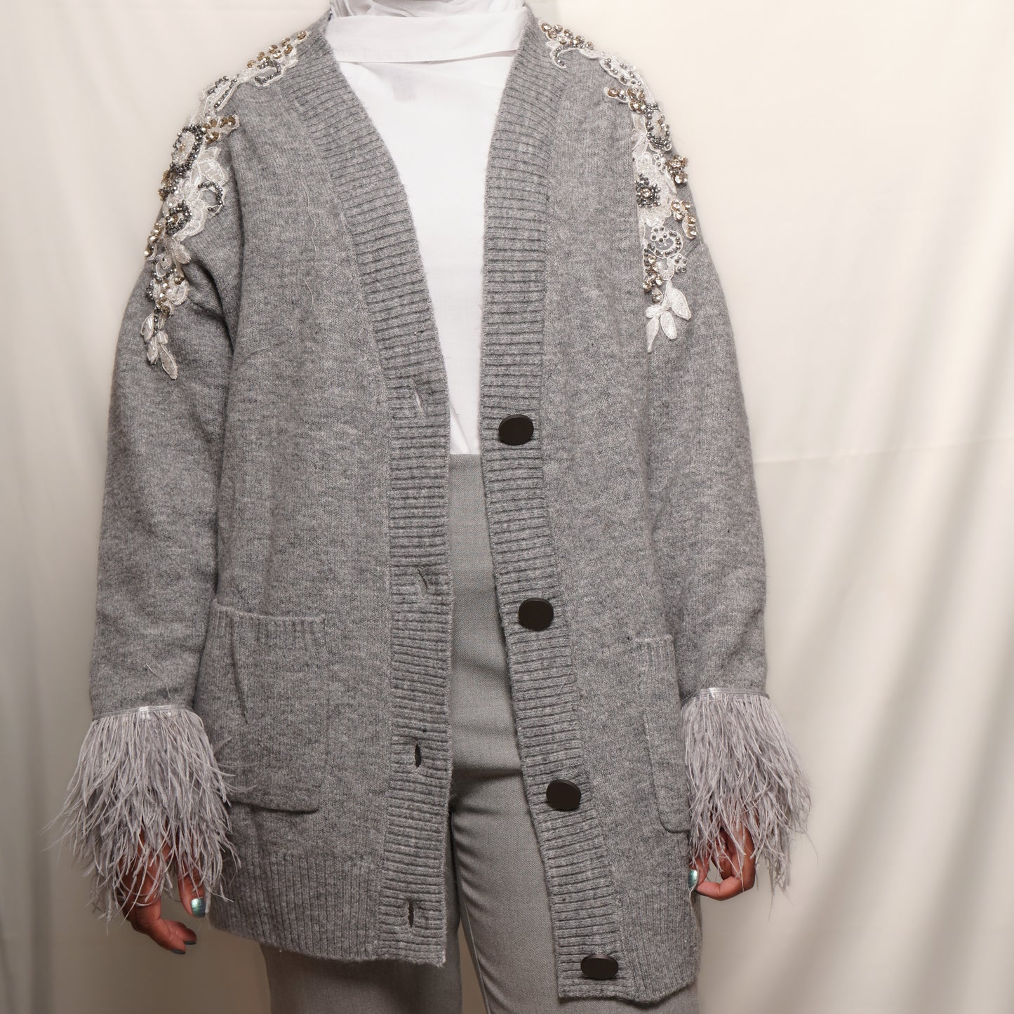 Over sized Embellished cardigan with feather