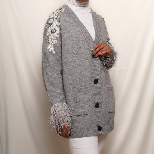 Over sized Embellished cardigan with feather